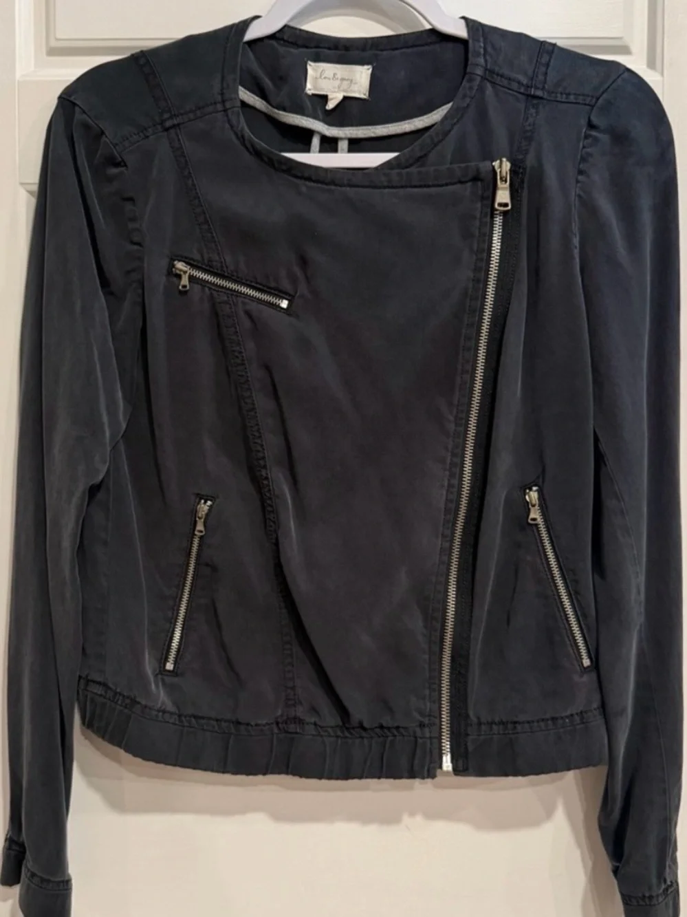 Lou & Grey XS Charcoal Gray Draped Moto Jacket Asymmetrical Zip Pockets
